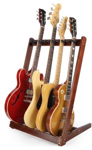 Clickovia gitarrstativ i trä för 5 gitarrer, golvnära gitarrstativ med flera gitarrstativ, flera gitarrstativ för presentation för studio och hem, lämplig för elgitarrer, Akusti
