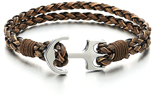 COOLSTEELANDBEYOND Mens Women Marine Anchor Wrap Bracelet Wristband, Double-Lap Brown Braided Leather, Nautical Sailor