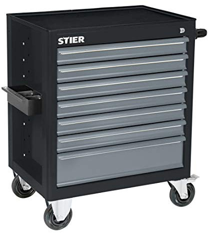 STIER Werkstattwagen Black-Edition, unbestückt, Werkzeugwagen, Montagewagen, mit kugelgelagerten Schubladenschienen, 7 Schubladen, Traglast je Schublade 35kg, Max. Belastung 300kg, Vollgummibereifung
