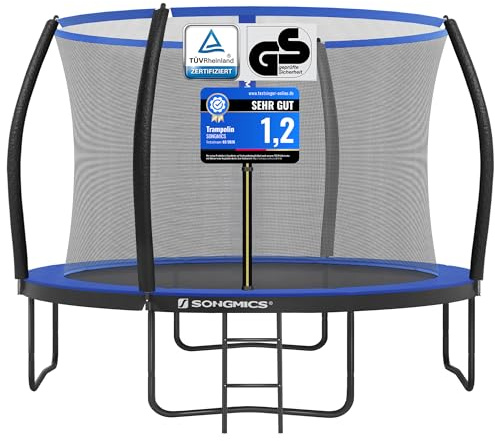 SONGMICS Trampoline Extérieur Enfant Diamètre 366 cm, Filet de Protection, Poteau Incurvé de 180 cm de Haut, Coussins de Sécurité, Échelle, Cadre en Acier, Noir et Bleu STR12BK
