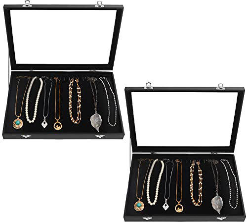 Kurtzy 2 Pack Black Velvet Necklace Jewellery Organise Storage Display Case Box Tray with 20 Hooks and Lockable Glass Lid - Stackable Tray for Drawer - For Necklaces, Bracelets, Earrings and Anklets