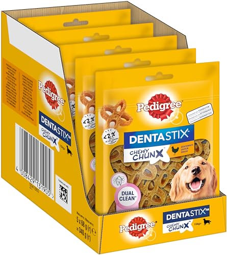 Pedigree® Dentastix Chewy Chunx Zahnpflegesnacks für große Hunde über 15kg, mit Huhn, 5x68g