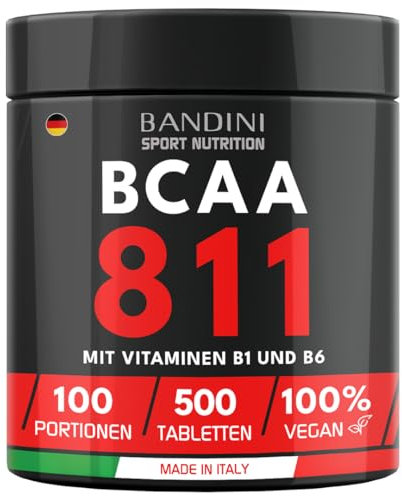 Bandini® VERZWEIGTKETTIGE AMINOSÄUREN BCAA 8 1 1 | 500 Tabletten mit fermentierten Aminosäuren, mit Vitamin B1 und B6 | 8.1.1 mit Leucin, Isoleucin, Valin | Intra-Pre-Post-Workout – Fürs Fitnessstudio