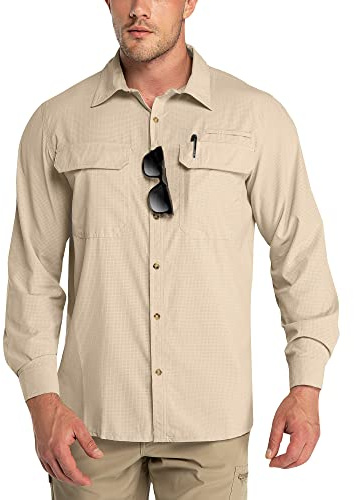 Outdoor Ventures Camisa de Manga Larga para Hombre, Camisa Funcional para Exteriores, de Secado rápido, Informal, Transpirable, Caqui, S