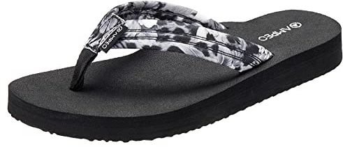 Ampeo Women's Orthopedic Arch Support Sandals, Comfortable Flip Flops with Soft Floral Fabric Straps, Cushioned EVA Sole for Beach, Pool, Shower, Walking, Travel, Summer - Black Leopard, Size 9