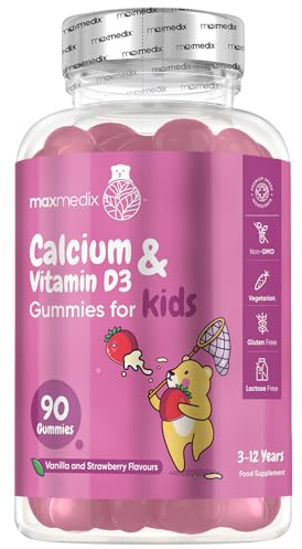 Calcio y Vitamina D3 para Niños - 90 Gominolas, Sabor a Vainilla y Fresa - Suplemento para Niños para su Crecimiento y Desarrollo - 45 Días de Suministro - Sin Lactosa ni Gluten