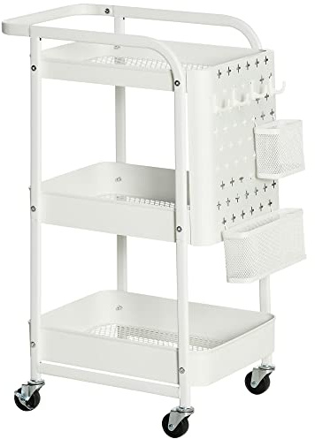 HOMCOM Desserte Chariot de Rangement pour Bureau en métal Chariot de Service à roulettes 3 Niveaux avec 2 Range-Couverts 4 Crochets dim.51,5L x 32l x 75,6H cm - Blanc
