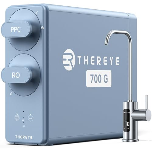 Thereye 8 Stage Reverse Osmosis System, 700 GPD Tankless Reverse Osmosis Water Filter, Under Sink RO Water Filtration System, Reduce PFAS/TDS, Smart LED Faucet, 2:1 Pure to Drain, Blue, ER-WP03