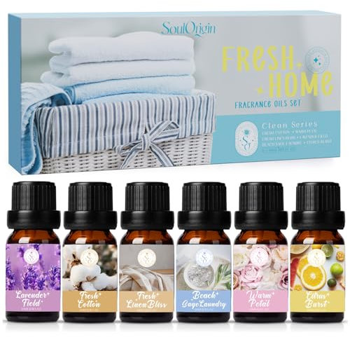 SoulOrigin Clean Essential Oils Set, Fragrance Oil Set for Oil Diffusers, Home,Scented Oils 6x10ml - Beach Sage Laundry Detergent, Citrus Burst, Lavender Fields, Fresh Linen, Warm Petals, Fresh Cotton