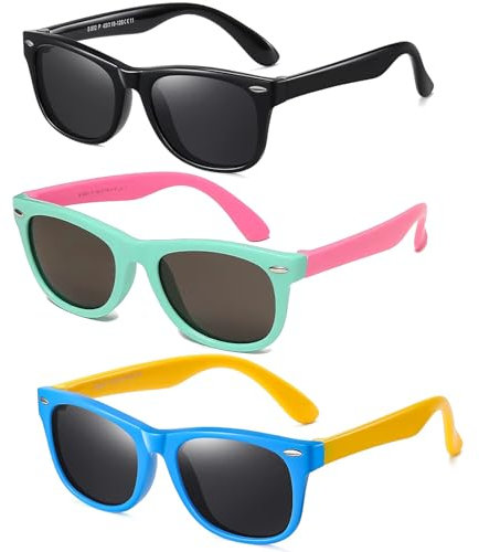 OuMaiFeng 3 Stück Sonnenbrille Kinder Polarisiert für Mädchen Jungen Flexible Sonnenbrille Silikon Rahmen Sonnenbrille Mädchen 3-14 Jahre (Schwarz+Pink+Blau)