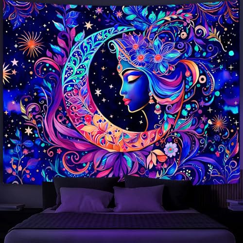 Simpkeely Blacklight Moon and Star Tapestry, Elegant Goddess UV Reactive Sun Mandala Wall Hanging Tapestries, Colorful Boho Aesthetic Tapestry for Bedroom, Living Room - 130 x 150 cm