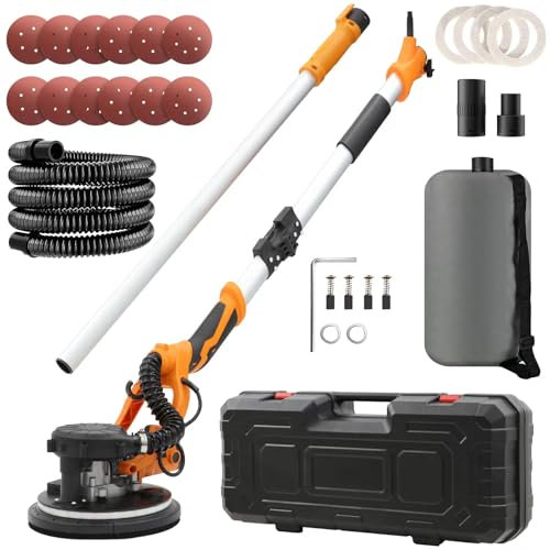 Trockenbauschleifer, 1250 W 225 mm Elektroschleifer, 5 variablen Geschwindigkeiten von 500 bis 1800 U/min, Ausziehbarem Griff, LED-Beleuchtung Langem Staubschlauch und Aufbewahrungstasche