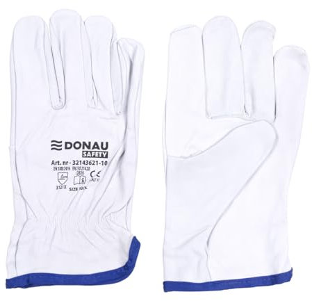 DONAU SAFETY Gants de travail en cuir de chèvre de qualité supérieure - 1 paire - Taille 9 - Blanc - Gants en cuir avec poignet élastique - Gants de montage - Gants de protection pour conducteur