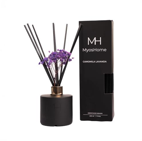Myoshome - Ambientador Mikado Negro Mate con Embellecedor dorado y Flores Secas, Mikado Ambientador Varillas, 200 ml, Recipiente Elegante e Individual para Decoración y Fragancia. (Camomila Lavanda)
