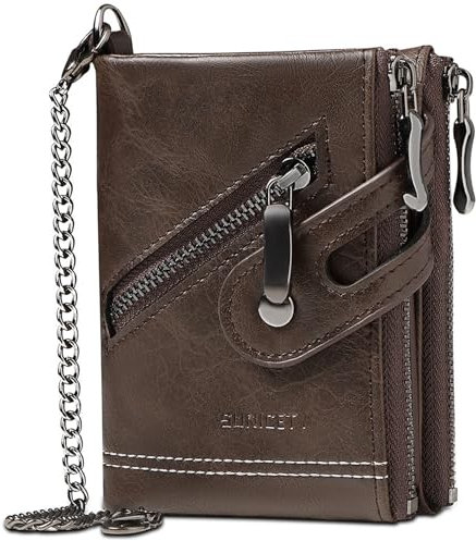 SKDFHOD Cartera de Hombre Piel con protección RFID, Doble Costura Extra Estable, 14 Ranuras para Tarjetas Carteras con Cadena, Cartera Tarjetero Hombre para Crédito, Billetes y Monedas (café)