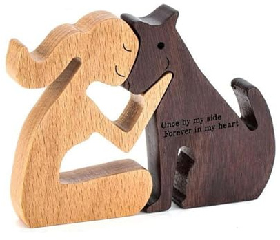 FDHBDF Tallado en madera para perros Escultura humana y perro Joyería de mesa creativa Estatuas de madera hechas a mano Decoración de mesa en estantería