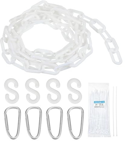 sourcing map Plastic Chain 10 Ft/3.1 M, Safety Chain White Plastic Chain Link Barrier with Zip Ties Buckle and S-Hooks for Crowd Control Queue Line Fence Decoration
