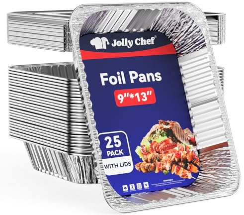 JOLLY CHEF 9x13 Aluminum Pans with Lids (25 Pack)- Disposable Foil Food Containers with Lids for Cooking, Heating, Storing, Prepping Food- Thanksgiving, Christmas, Parties