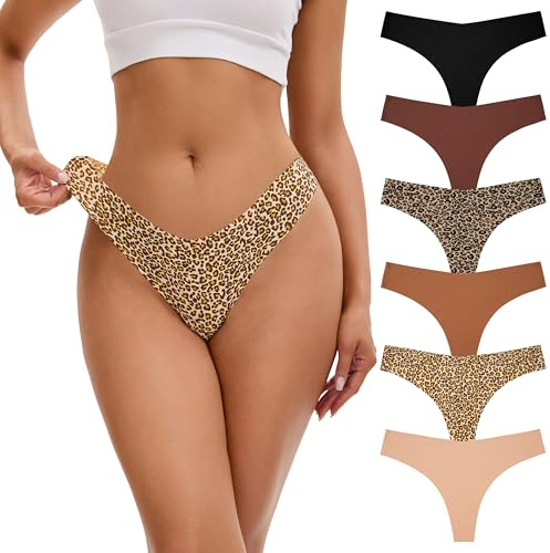 INNERSY Seamless Thongs for Women Tangas Underwear No Show Strings Thong Invisible Pants Multipack 6 (S, 2 Leopard/4 Solid Colours)