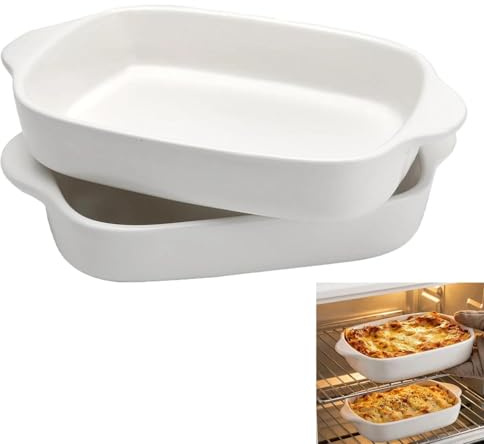 Keramikugnsform uppsättning med 2, rektangulär lasagneform med handtag, reptålig ugnsform för gratin och tiramisu, värmebeständig och diskmaskinssäker, 600 ml, vit