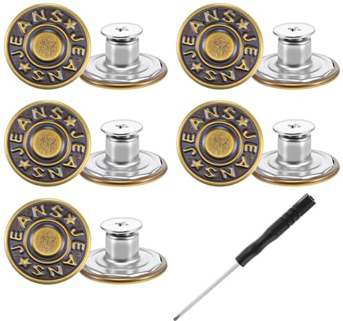 10 Sets Jean Buttons for Loose Jeans, 17mm Jean Button Replacement, Removable Jean Buttons Replacement Repair Kit with Threads Rivets and Screwdriver, Zinc Alloy Jeans Button Repair Kit