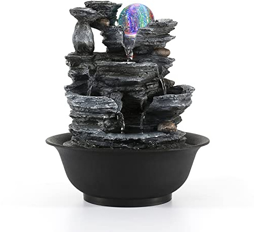 Dyna-Living Tabletop Water Fountain Indoor Waterfalls Fountains with Colored LED Light Decorative Feng Shui Tabletop Fountain with Automatic Pump Best Home Gifts for Friends or Family