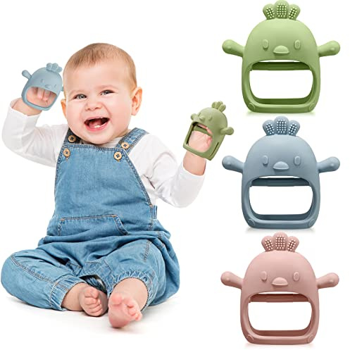 3 Pack Baby Teether Teething Toys for Babies 0-6 Months Baby Teething Toy Silicone Anti Dropping Infant Hand Teether Pacifiers Wrist Hand Chew Toys for Sucking Needs (Blue, Green, Flesh Pink, Chick)