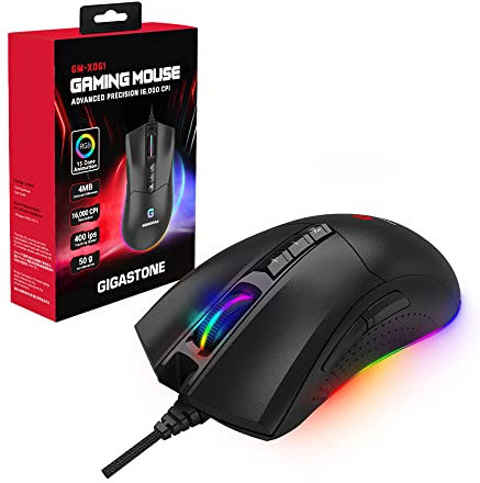 Gigastone Ratón para Juegos 16,000 dpi Ratón Gaming con Cable con Retroiluminación RGB, 10 Botones Programables, 4 MB de Memoria Integrada Más Adecuado para Windows 7 y Versiones Posteriores