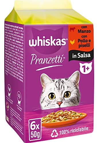 Whiskas Pranzetti Carni e Verdure 1+ Adulto, Cibo Umido per Gatto, 12 Confezioni ognuna da 6 bustine x 50g (72 Pezzi in Totale)
