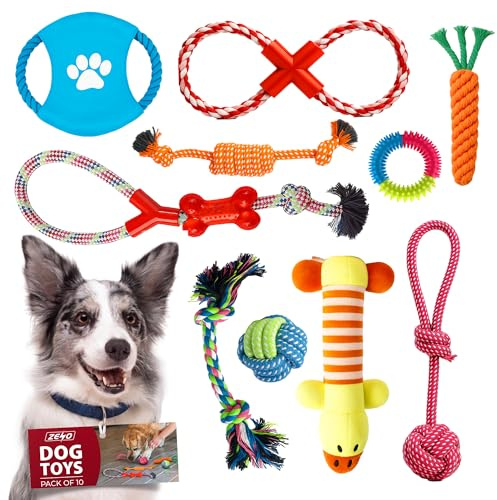 ZENO Chew Dog Toys - Pack of 10 | Teething & Training Washable Cotton Safe Dog Toy Gift Set | Strong Ropes, Balls & Tug for Exercise & Fun | Great for Small, Medium & Large Puppies & Dogs