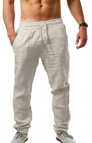MorwenVeo Pantalon long décontracté en lin pour homme – Pantalon ample et léger avec cordon de serrage pour yoga et plage – 6 couleurs, beige, Taille 4XL