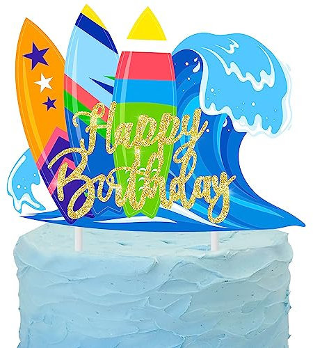 Surfing Cake Topper Decorations Surfer Birthday Party Decorations Glitter Surfboard Happy Birthday Cake Topper for Beach Surfing Hawaii Luau Theme Birthday Party Baby Shower Cake Decorations