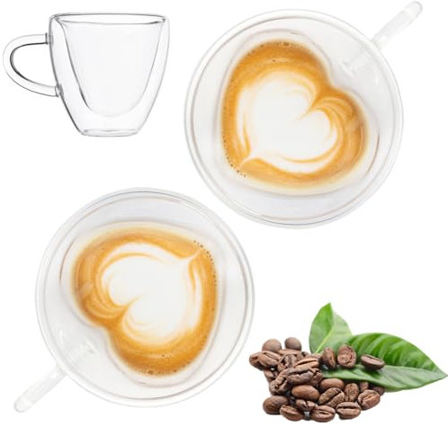 Gohytal Double Walled Coffee Cups Glasses Mugs, 2 Pcs Heart Cappuccino Latte Tea Cups, Heat Resistant Cup Drinking Glasses 250ML Coffee Cup, Mothers Day Valentines Birthday Gifts for Women Mum New Mom