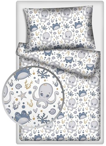 KiGATEX Baby Kinder Bettbezug Bettwäsche 2-TLG. 100% Baumwolle 40x60 + 100x135 cm mit Reißverschluss (Meerestiere blau)
