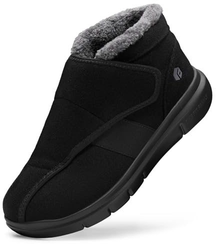 FitVille Men Extra Wide Diabetic Winter Boots, Adjustable Non-Slip Fur Lined Warm Ankle Boots, Outdoor Shoes for Swollen Feet, Black, 9, X-Wide