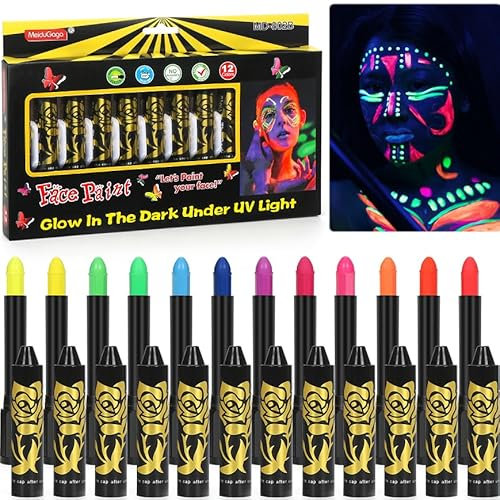 12 Stück Leuchtende Gesichtsmalstifte, Schwarzlicht Schminke Stift, Bodypainting Farben, Neon UV Kinderschminke Set, Waschbar Schminkstifte Schminkfarben, Körperfarbe Buntstifte für Halloween Karneval