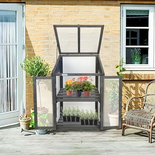 Lendo Online Serre de Jardin pour Fleurs Légumes Fruits - Mini Serre en Bois - Châssis de Jardin avec Toiture à 2 ou 4 Pans - Bois d'épicéa et Polycarbonate (60x49x97,5cm (Gris))