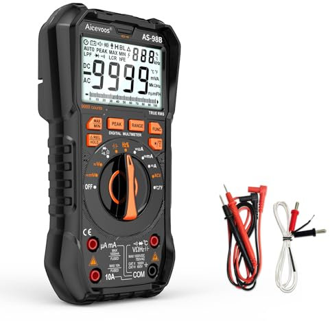 Aicevoos Multímetro Digital de 9999 Cuentas, Polimetro de CA CC y Probador de Amperios de Ohmios, mide Exactamente la Corriente de Voltaje, Capacitancia con Doble Fusibles y Cables de Prueba