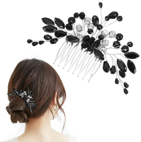 Healeved Peigne À Cheveux En Strass Pour Mariée 4.72X3.35 Pouces Accessoire De Cheveux Mariage Décoratif Noir Élégant Pour Fête Photos Et Occasions Spéciales