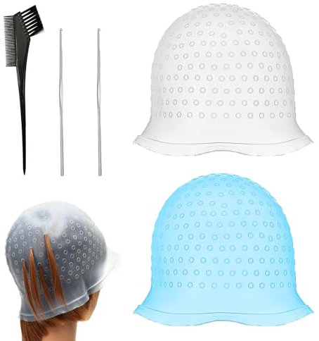 HANIUTTY 2 Pezzi Cuffia per Meches, Cappucci In Silicone Per Tinture Per Capelli Silicone Cuffia per Capelli con 2 Gancio Aghi e Pennello per Tinta Capelli Meches Capelli Fai Da Te per Colorare