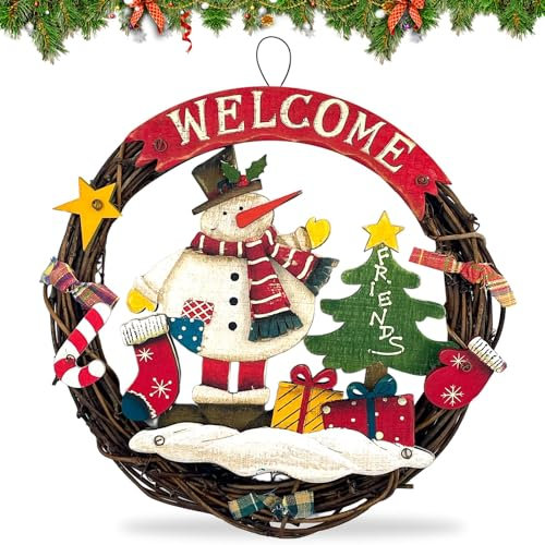 Ghirlanda Natalizia Intrecciata Decorativa per Porta, Targa di Benvenuto in Legno 'Buon Natale' per Finestra o Parete, 24 cm