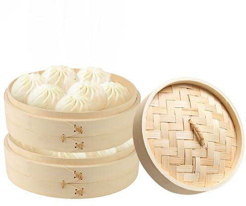 Pizsieat Vaporera de Bambú de 2 Niveles Con Tapa para Cocinar al Vapor Arroz, Dim Sum, Verduras, Pescado y Carne (20 x 20 x 18.5 cm)