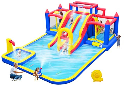 Easyair Large Inflatable Water Slide for Big Kids, Water Bounce House, Outdoor Blow Up Pool, Climbing Wall, Basketball Hoop with Blower