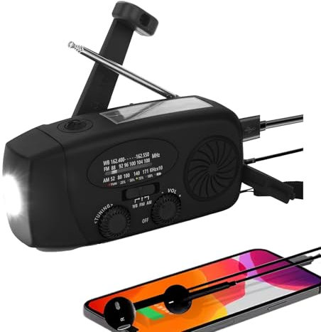 Radio d'urgence AM/FM/NOAA, chargeur de téléphone portable à dynamo solaire USB avec batterie de 2000 mAh, générateur à manivelle et lampe torche LED pour panne de courant, camping noir