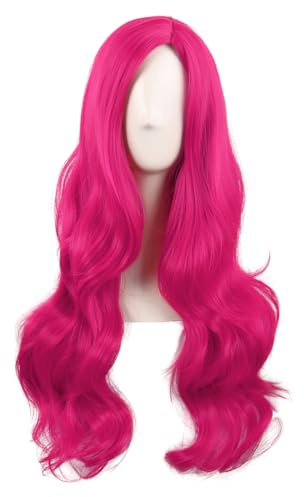 MapofBeauty 28 Pouces/70 cm Cosplay Longue Vague Bouclé Fibre Synthétique Side Bang Anime Fashion Party Perruque (Hot Rose)