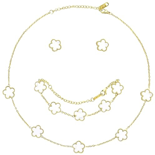 AYVRUOP Ensemble de Bijoux Trèfle à Quatre Feuilles pour Femme Fille,Réglable,Bijoux Porte Bonheur Femme,Acier Inoxydable Trèfle à Quatre Feuilles Collier Boucles d'oreilles Bracelet Set(White)