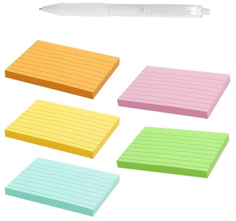 Självhäftande Lappar A7 7,4 x 10,5 cm Linjerade Sticky Notes 5 Färger, Färgade Anteckningslappar för Skola Kontor Studier och Bokföring
