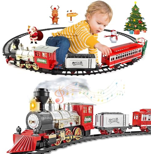 BUOAZR Tren Juguete para Niños, Tren Arbol De Navidad Electrico, a Batería, Electrico Trenes de Navidad con Vapor, Luces y Sonidos, y 4 Vagones de Juguete Electrónico Decoración
