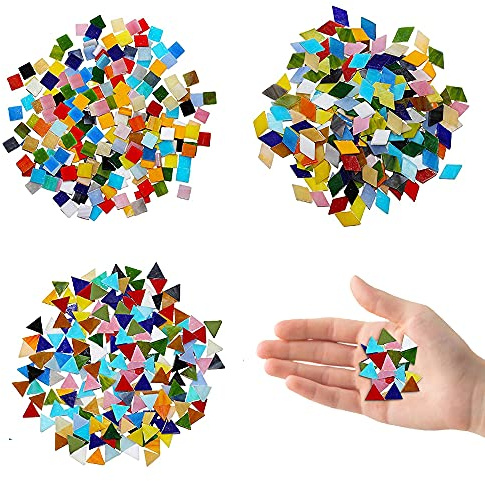 HEKOBAG 600 PCS Mixed Colour Glass Mosaic Tiles Assortment - Stained Glass Pieces for DIY Crafts, Art, Home Decoration - Includes Triangles, Squares & Rhombus Shapes