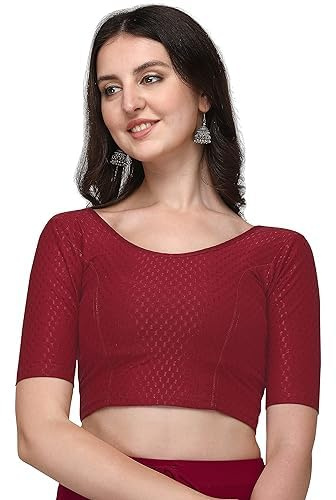 Accessorize Kingdom Women's Dobby Pure Cotton Elastin Stretchable Readymade Round Neck Elbow Length Sleeves Blouse (UK, Alpha, XXL, Regular, Regular, Maroon)